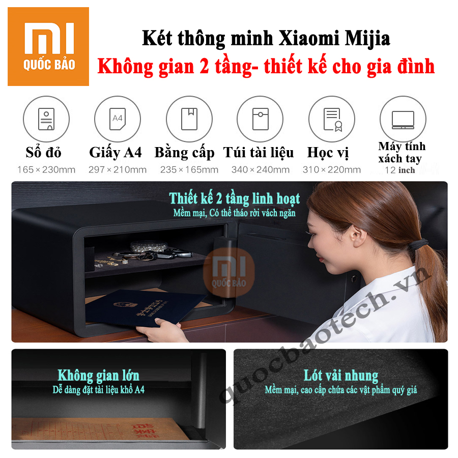 Két sắt thông minh Xiaomi Mijia Smart Safe Deposit Box, Khóa mật mã, khóa điện tử vân tay, Mở khóa qua app Mihome